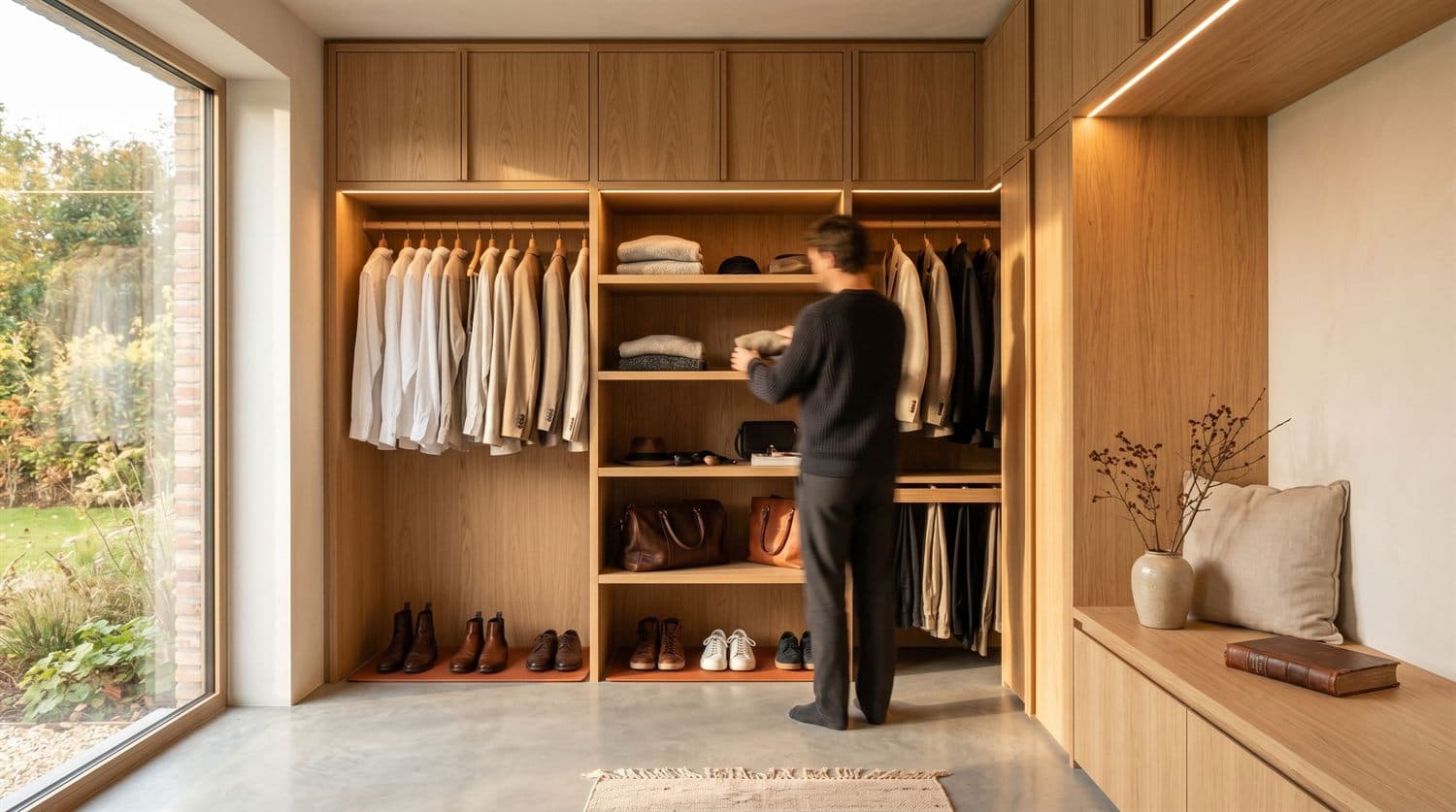 Dressing en chêne sur mesure ouvert sur le jardin
