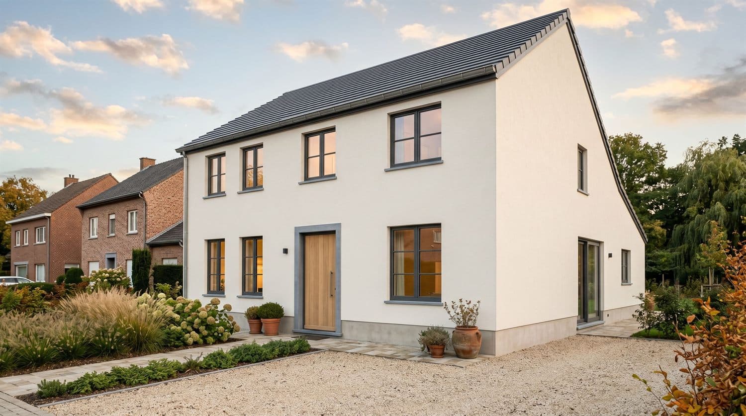 Façade de maison rénovée, enduit clair et menuiseries anthracite
