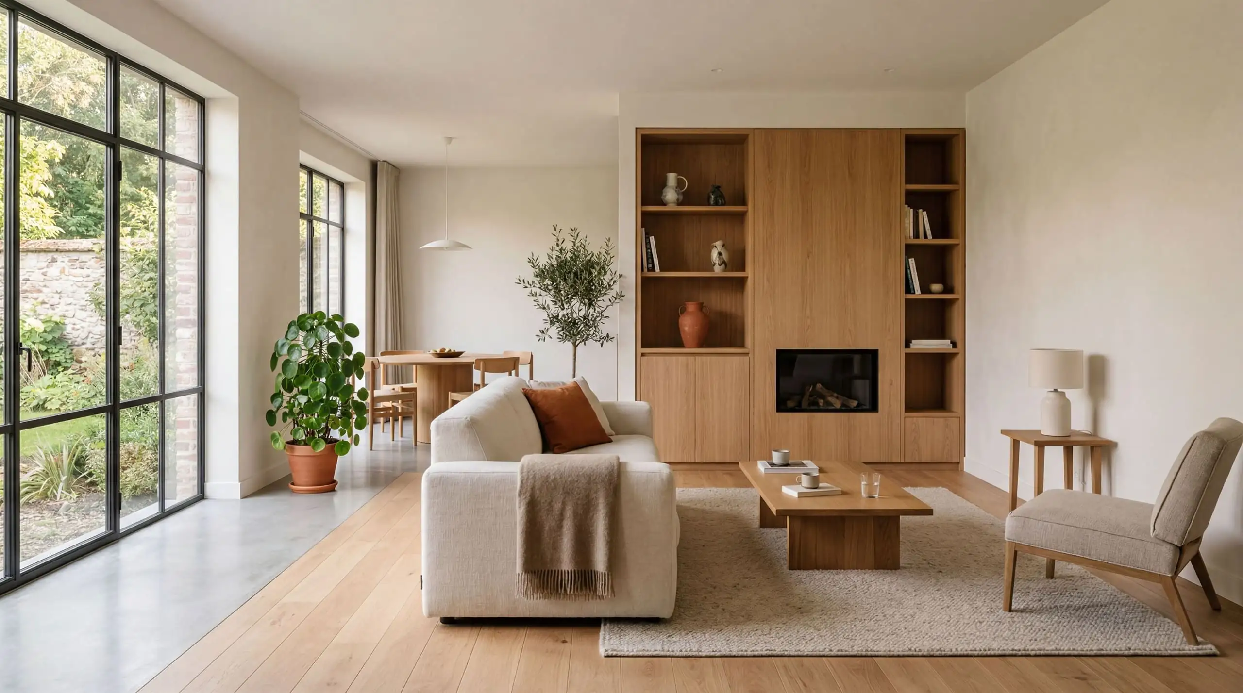 Salon rénové lumineux : bibliothèque en chêne et grandes baies vitrées